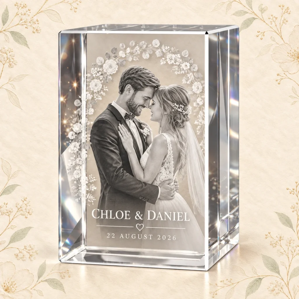 K9 crystal wedding photo for Chloe and Daniel dated 22 August 2026