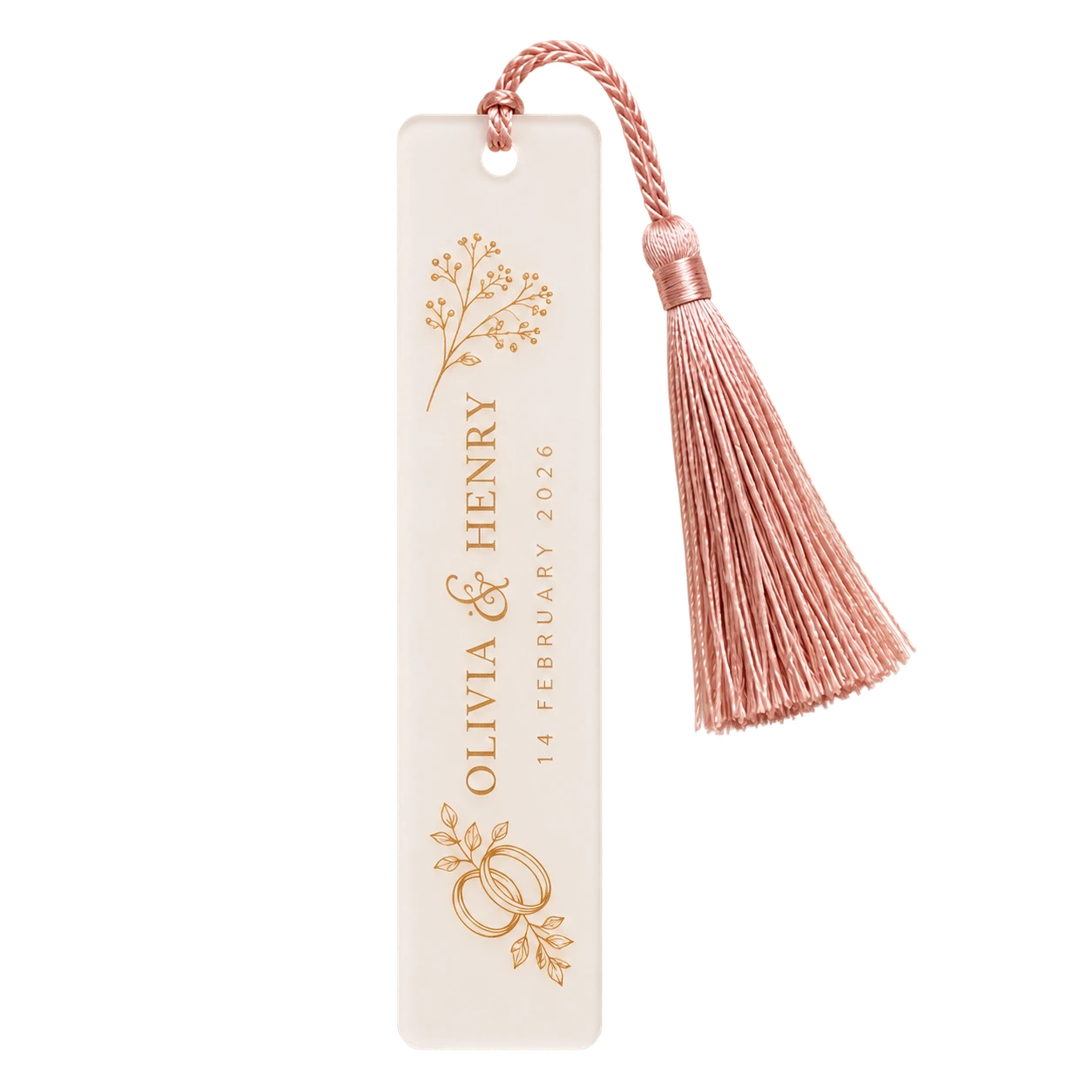 Blush tassel acrylic bookmark for Olivia and Henry dated 14 February 2026