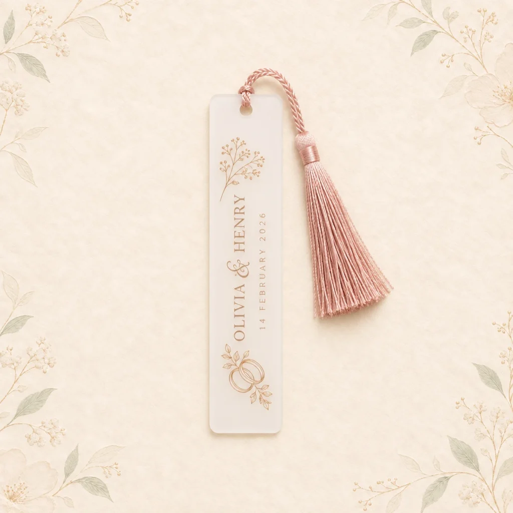 Blush tassel acrylic bookmark for Olivia and Henry dated 14 February 2026
