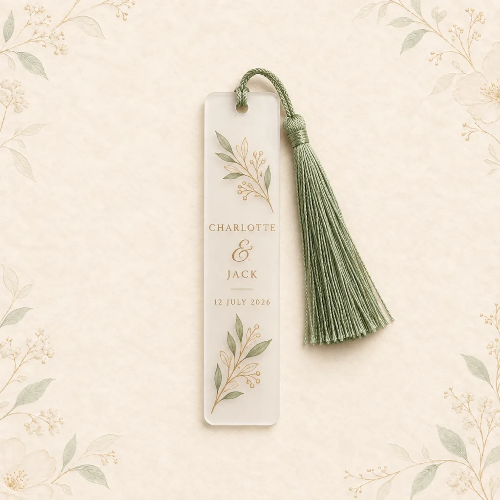 Sage tassel acrylic bookmark for Charlotte and Jack dated 18 April 2026