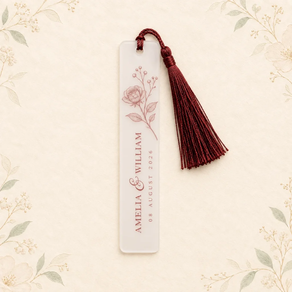Burgundy tassel acrylic bookmark for Amelia and William dated 9 May 2026