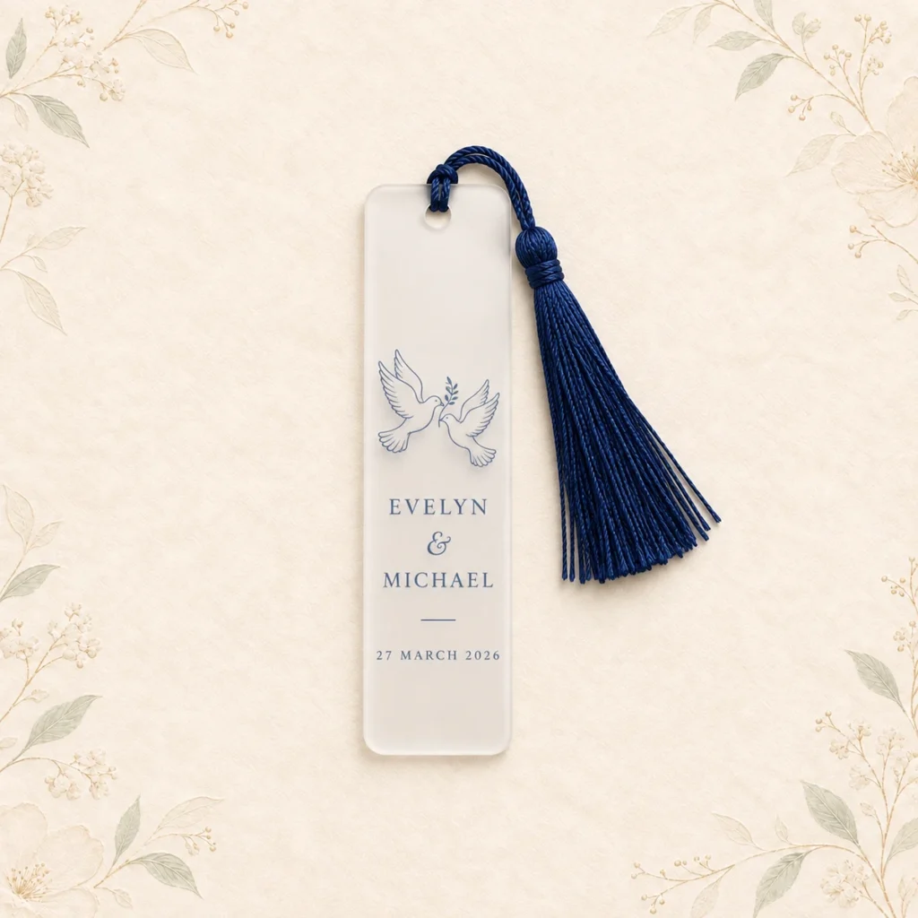 Navy tassel acrylic bookmark for Evelyn and Michael dated 21 March 2026