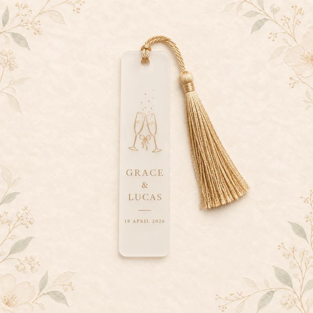Champagne tassel acrylic bookmark for Grace and Lucas dated 6 June 2026