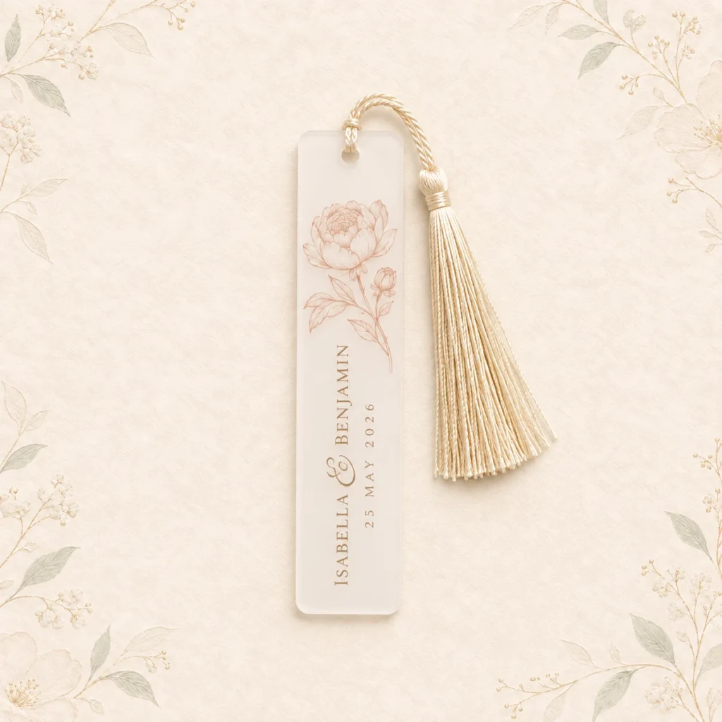 Ivory tassel acrylic bookmark for Isabella and Benjamin dated 15 August 2026