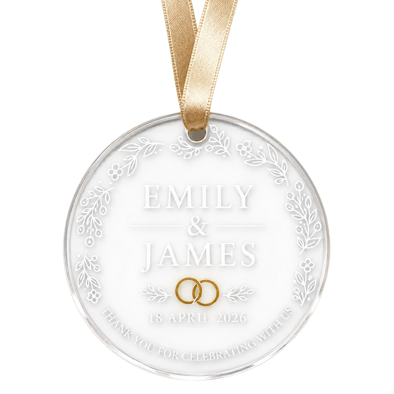 Clear acrylic ornament for Emily and James dated 18 April 2026