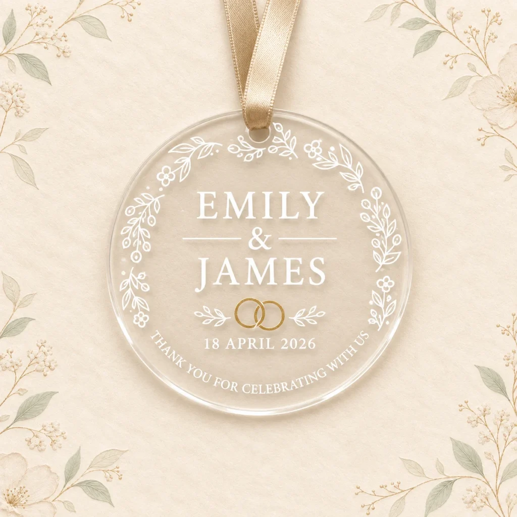 Clear acrylic ornament for Emily and James dated 18 April 2026