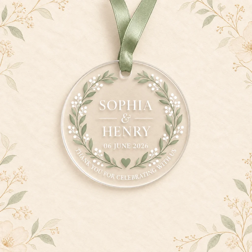 Sage wreath acrylic ornament for Sophia and Henry dated 6 June 2026