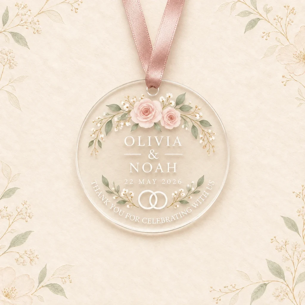 Blush rose acrylic ornament for Olivia and Noah dated 22 May 2026