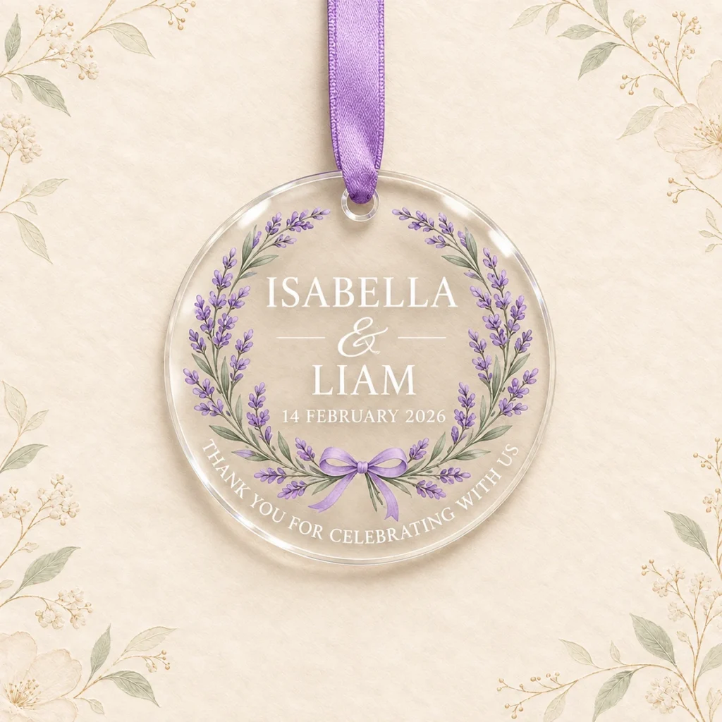 Lavender acrylic ornament for Isabella and Liam dated 14 February 2026