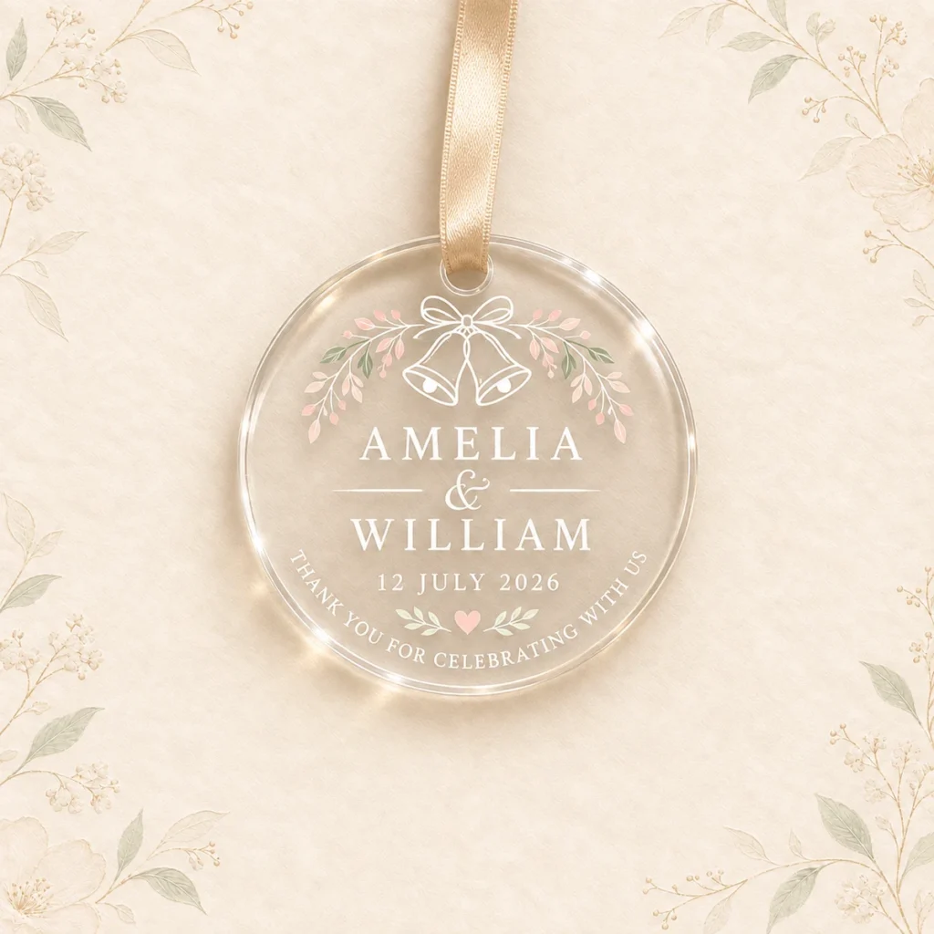 Wedding-bells acrylic ornament for Amelia and William dated 12 July 2026