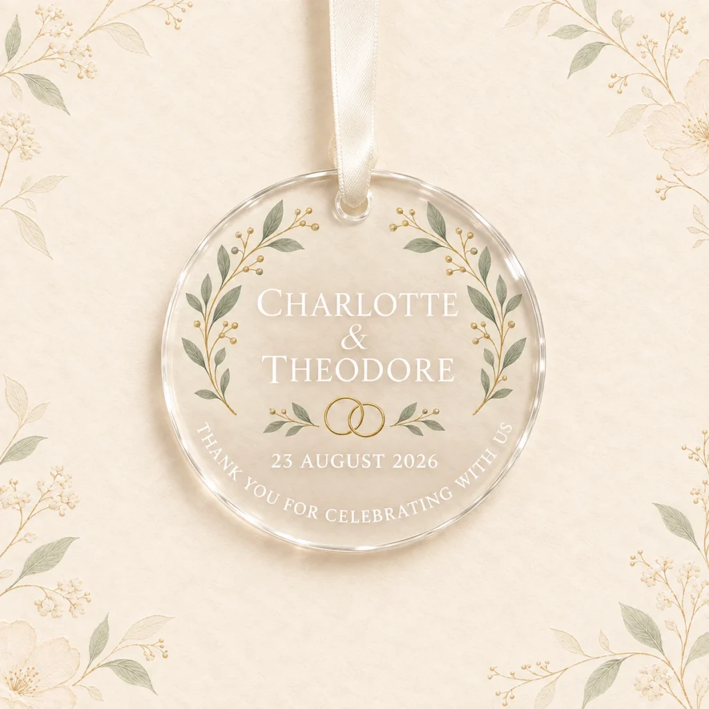 Sage and gold acrylic ornament for Charlotte and Theodore dated 23 August 2026