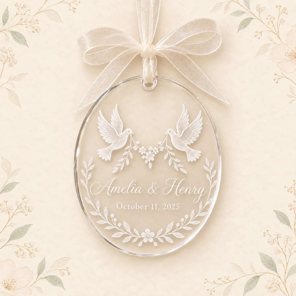 Oval acrylic wedding ornament for Amelia and Henry with two wedding doves
