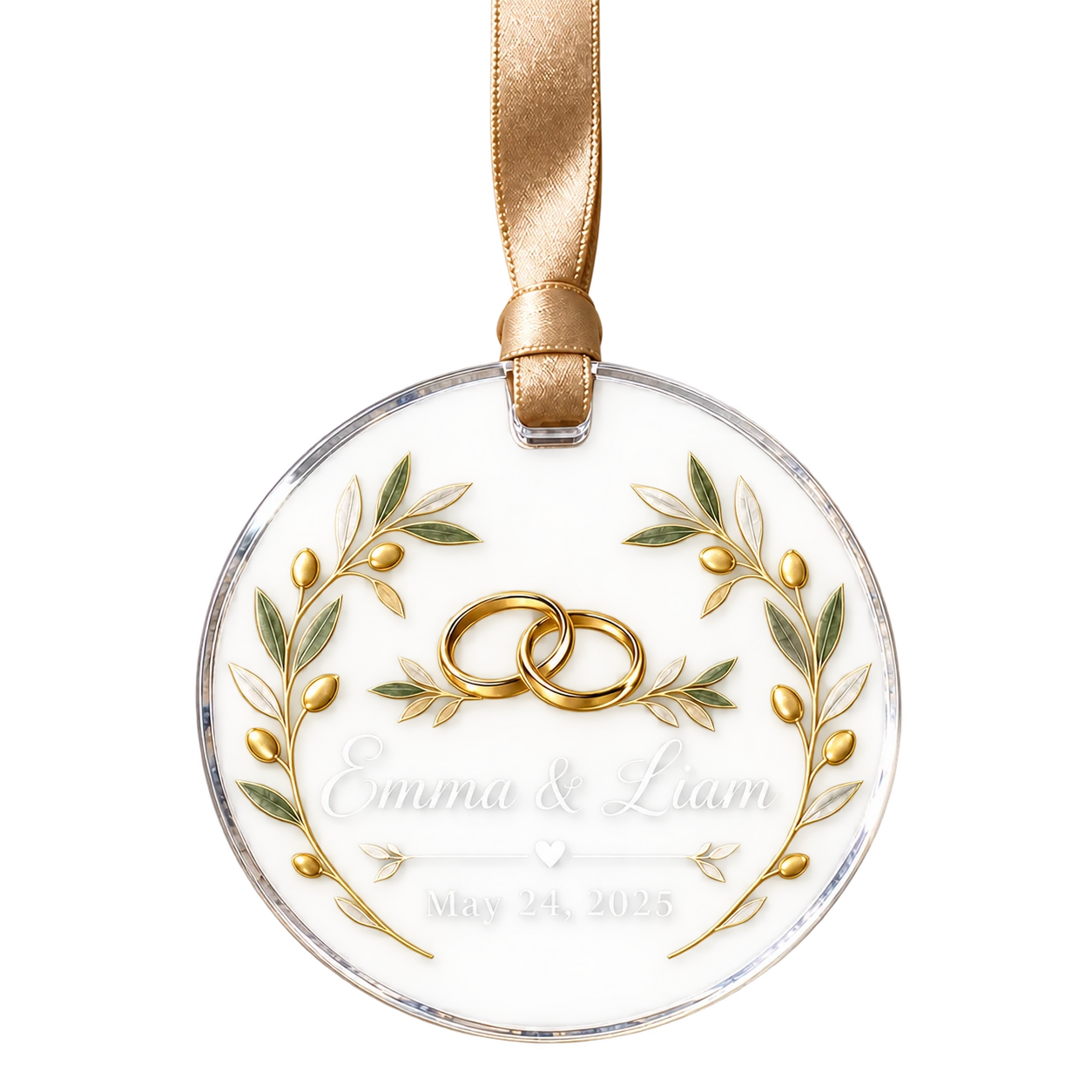 Round personalized acrylic wedding ornament for Emma and Liam with gold rings and olive branches