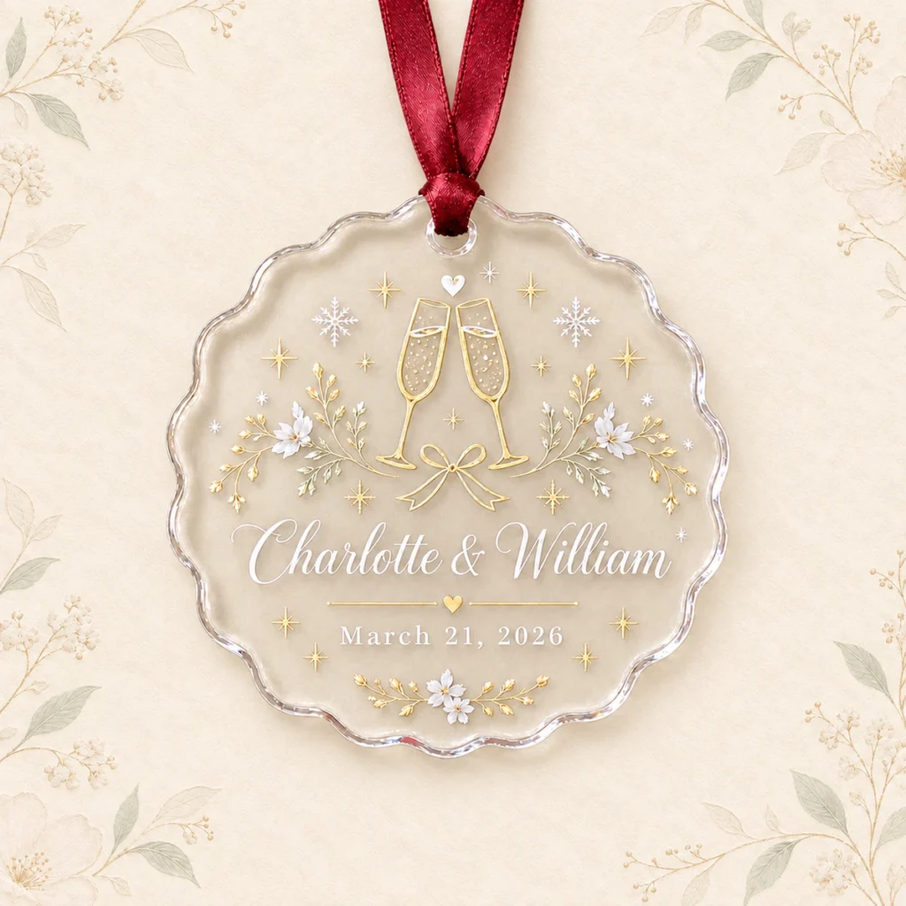 Scalloped acrylic wedding ornament for Charlotte and William with champagne flutes