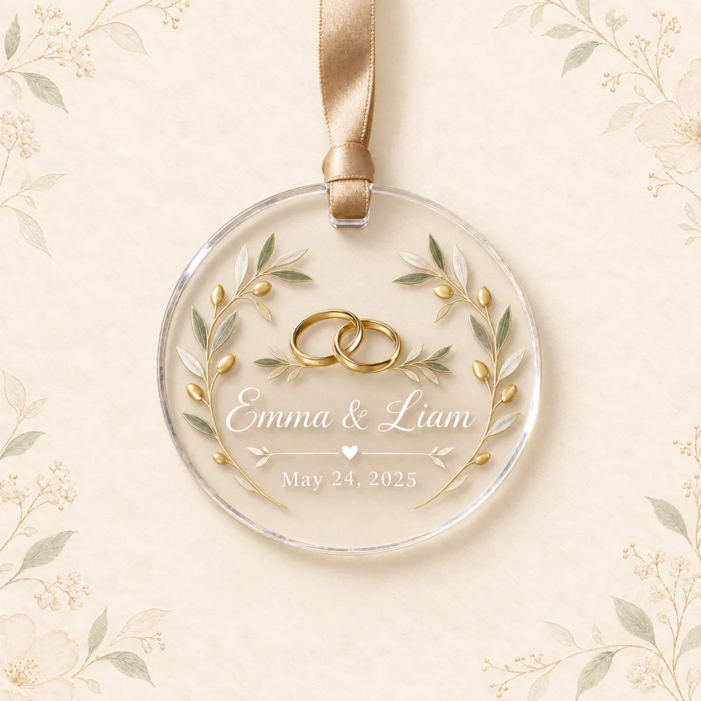 Round personalized acrylic wedding ornament for Emma and Liam with gold rings and olive branches