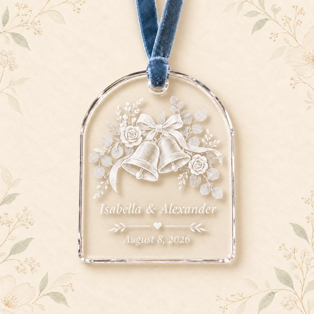 Arch-shaped acrylic wedding ornament for Isabella and Alexander with wedding bells and roses