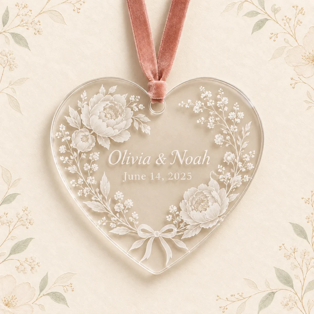 Heart-shaped acrylic wedding ornament for Olivia and Noah with peonies and blush ribbon