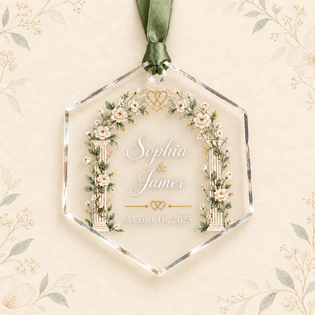 Hexagon acrylic wedding ornament for Sophia and James with a rose wedding arch