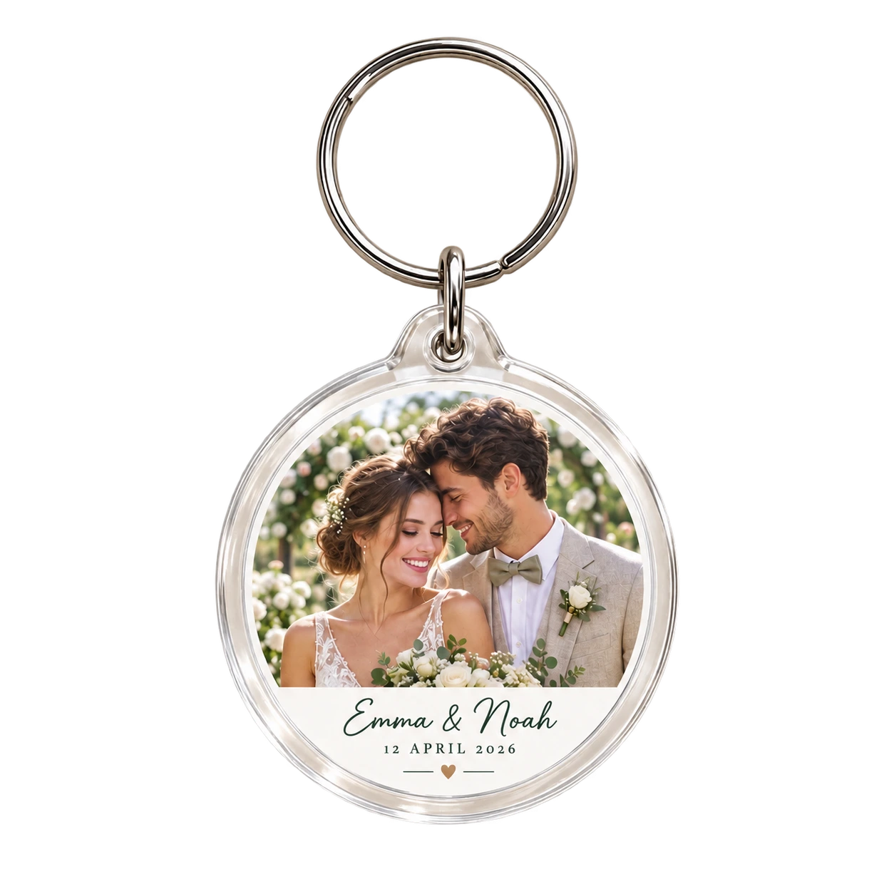 Round acrylic photo keychain for Emma and Noah dated 12 April 2026