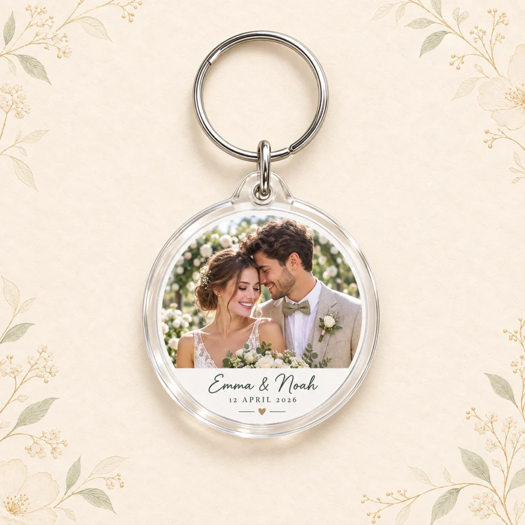 Round acrylic photo keychain for Emma and Noah dated 12 April 2026