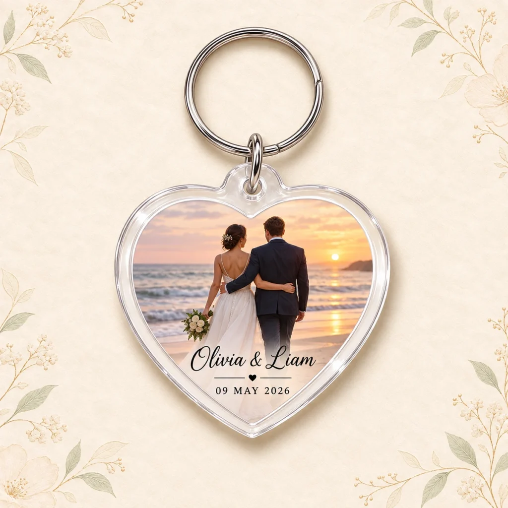 Heart acrylic photo keychain for Olivia and Liam dated 9 May 2026
