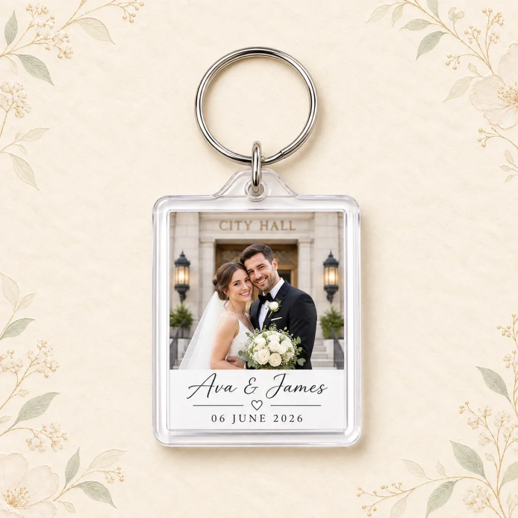 Square acrylic photo keychain for Ava and James dated 6 June 2026