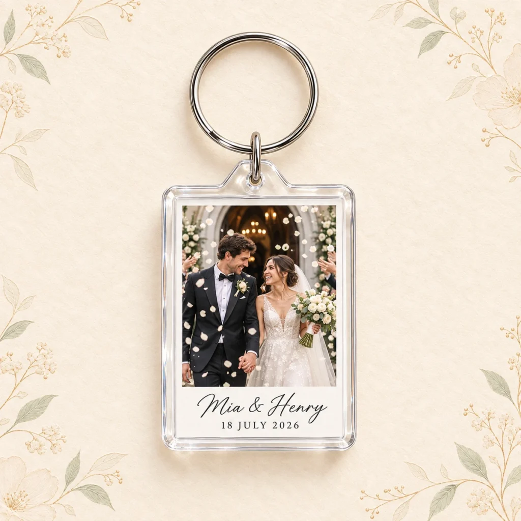 Rectangle acrylic photo keychain for Mia and Henry dated 18 July 2026