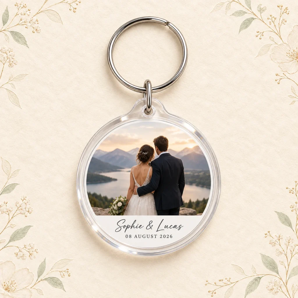 Round acrylic photo keychain for Sophie and Lucas dated 8 August 2026
