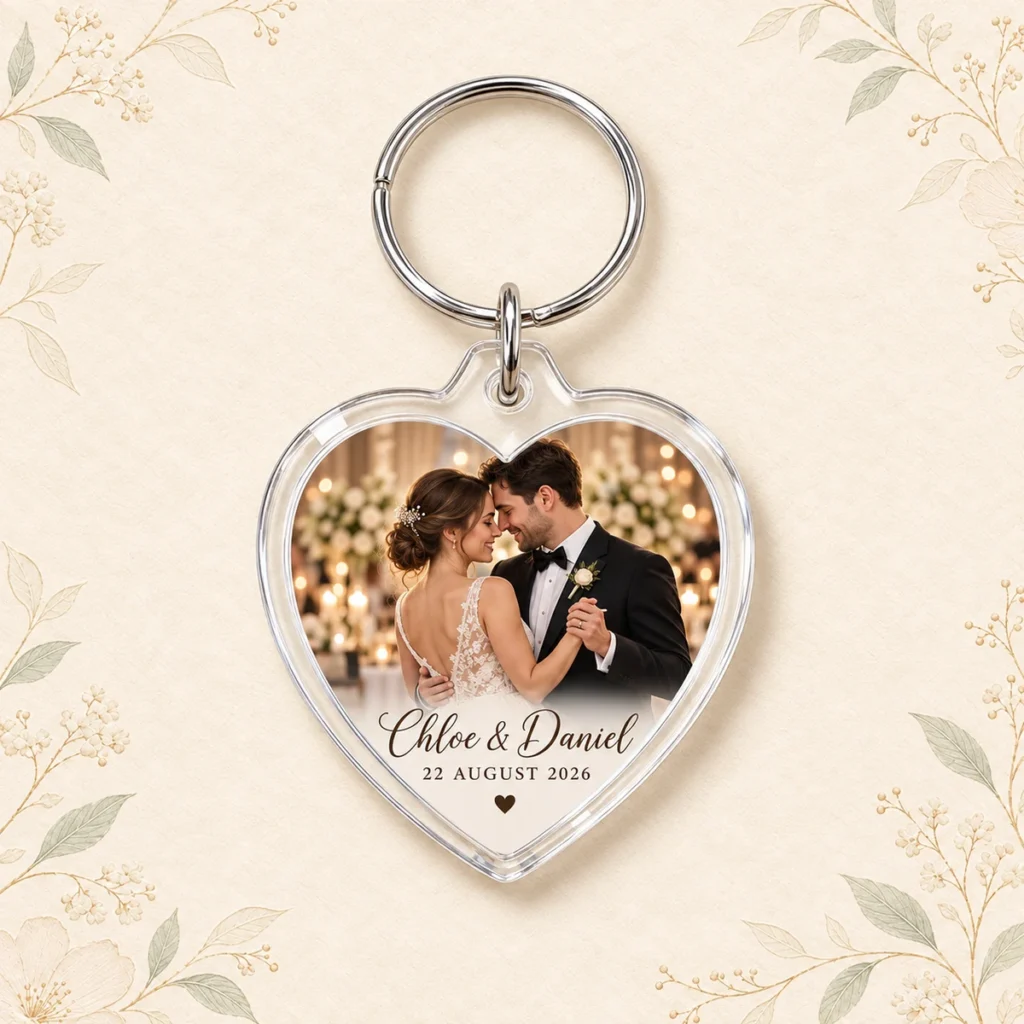 Heart acrylic photo keychain for Chloe and Daniel dated 22 August 2026