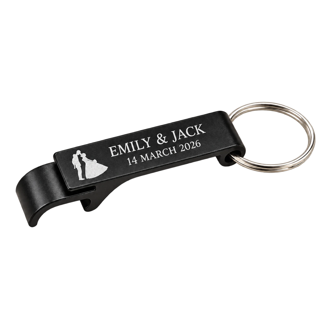 Black aluminum opener keychain for Emily and Jack dated 14 March 2026