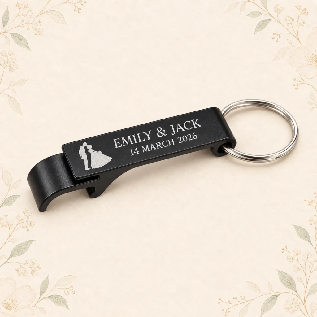 Black aluminum opener keychain for Emily and Jack dated 14 March 2026