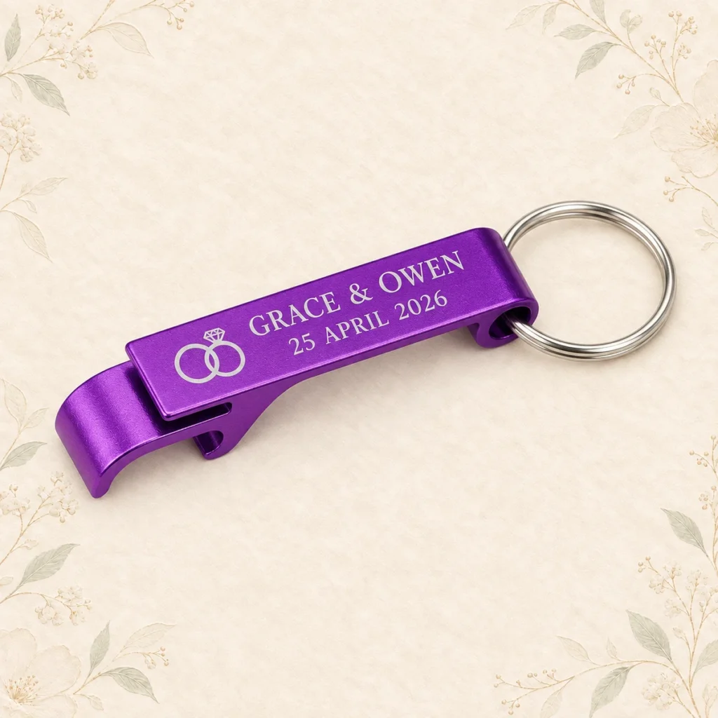 Purple aluminum opener keychain for Grace and Owen dated 25 April 2026