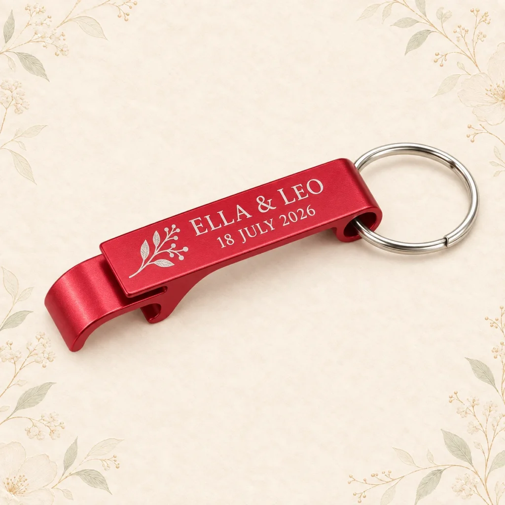 Red aluminum opener keychain for Ella and Leo dated 18 July 2026