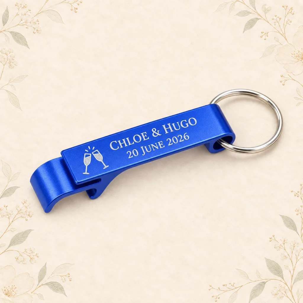Blue aluminum opener keychain for Chloe and Hugo dated 20 June 2026