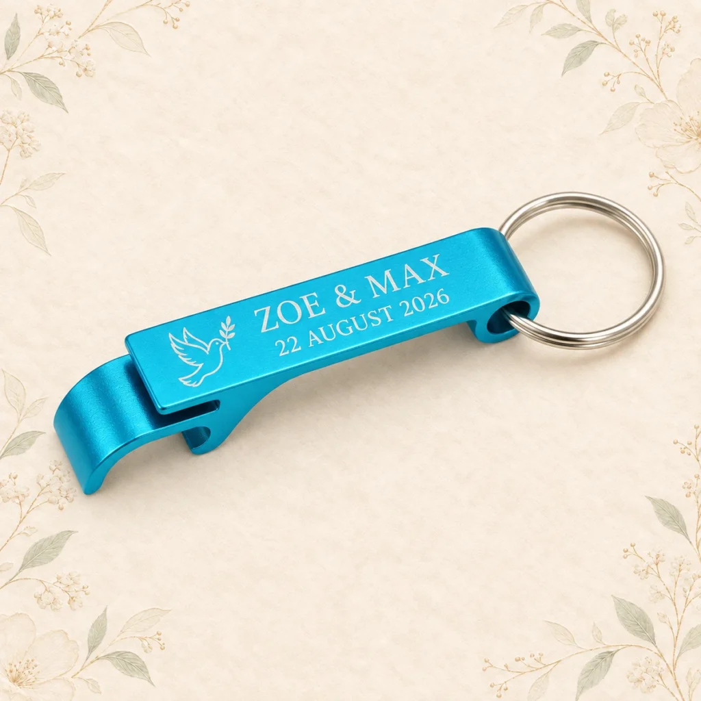 Turquoise aluminum opener keychain for Zoe and Max dated 22 August 2026