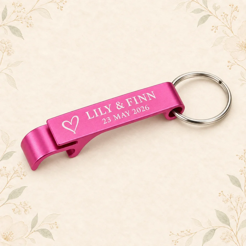 Pink aluminum opener keychain for Lily and Finn dated 23 May 2026
