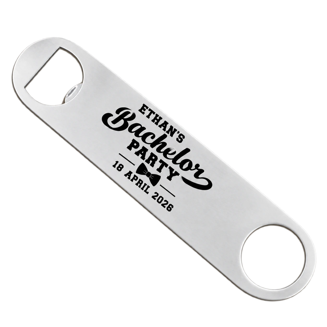 Silver stainless-steel bachelor party opener for Ethan dated 18 April 2026