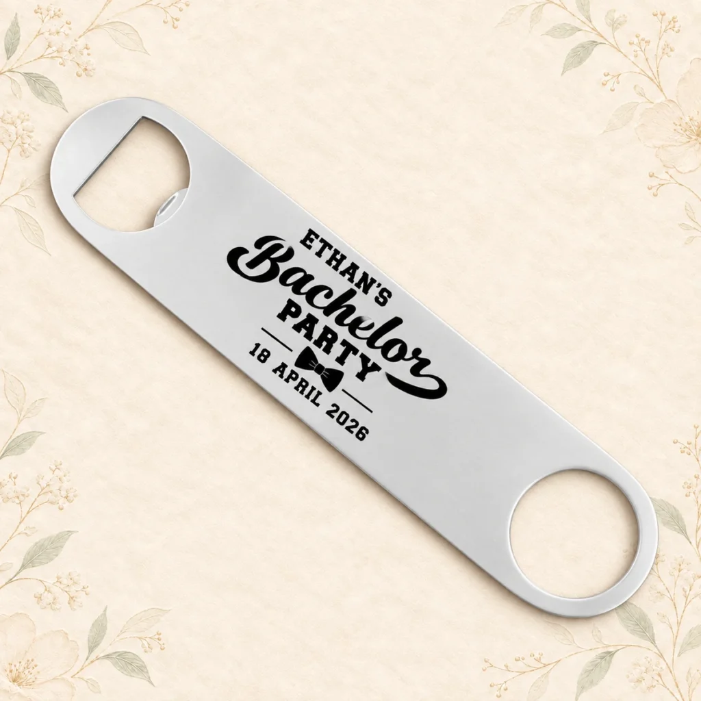 Silver stainless-steel bachelor party opener for Ethan dated 18 April 2026