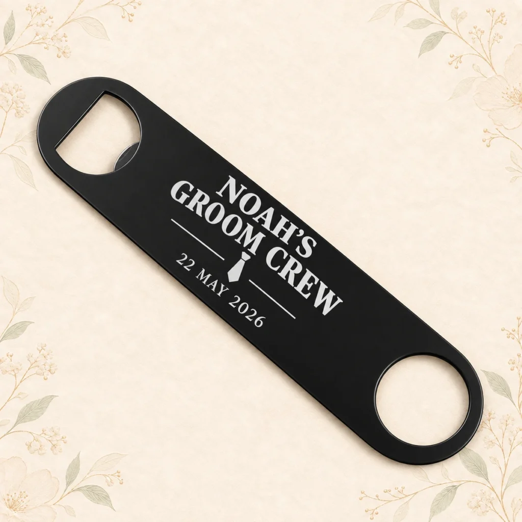 Black groom crew bottle opener for Noah dated 22 May 2026