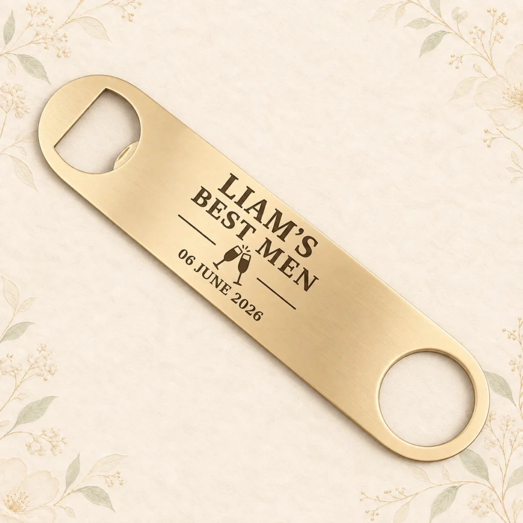Gold best-man bottle opener for Liam dated 6 June 2026