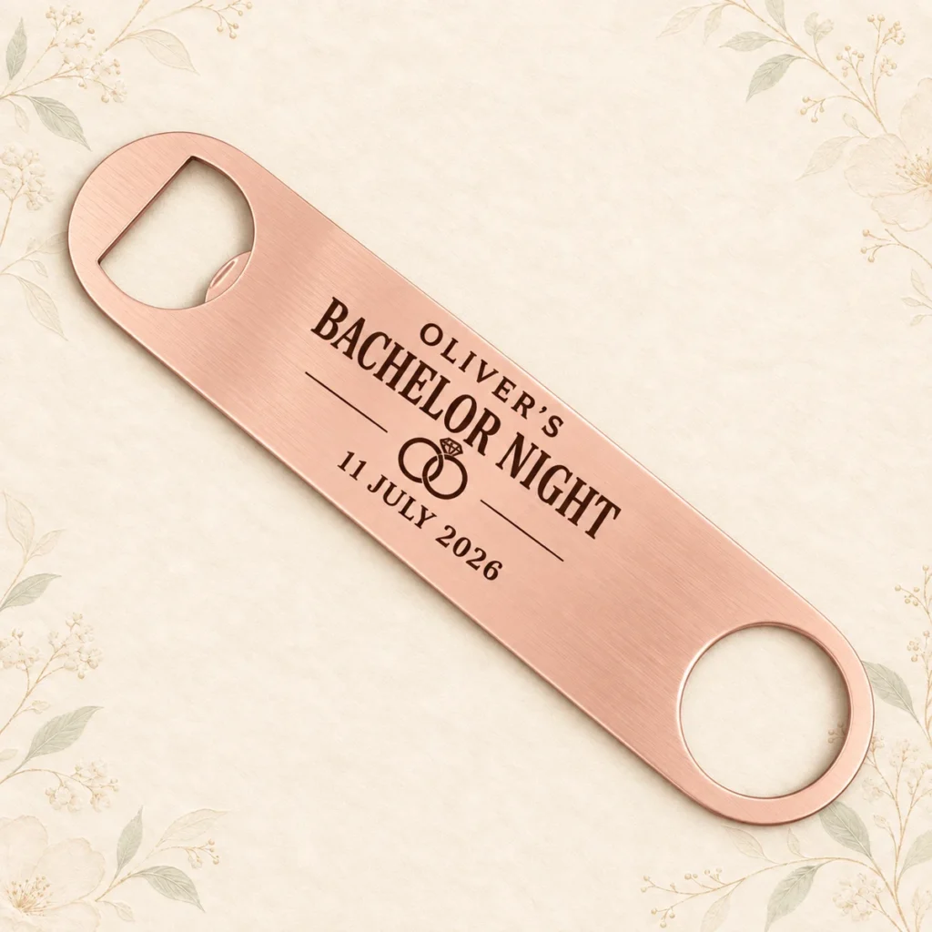 Rose metal bachelor night opener for Oliver dated 11 July 2026
