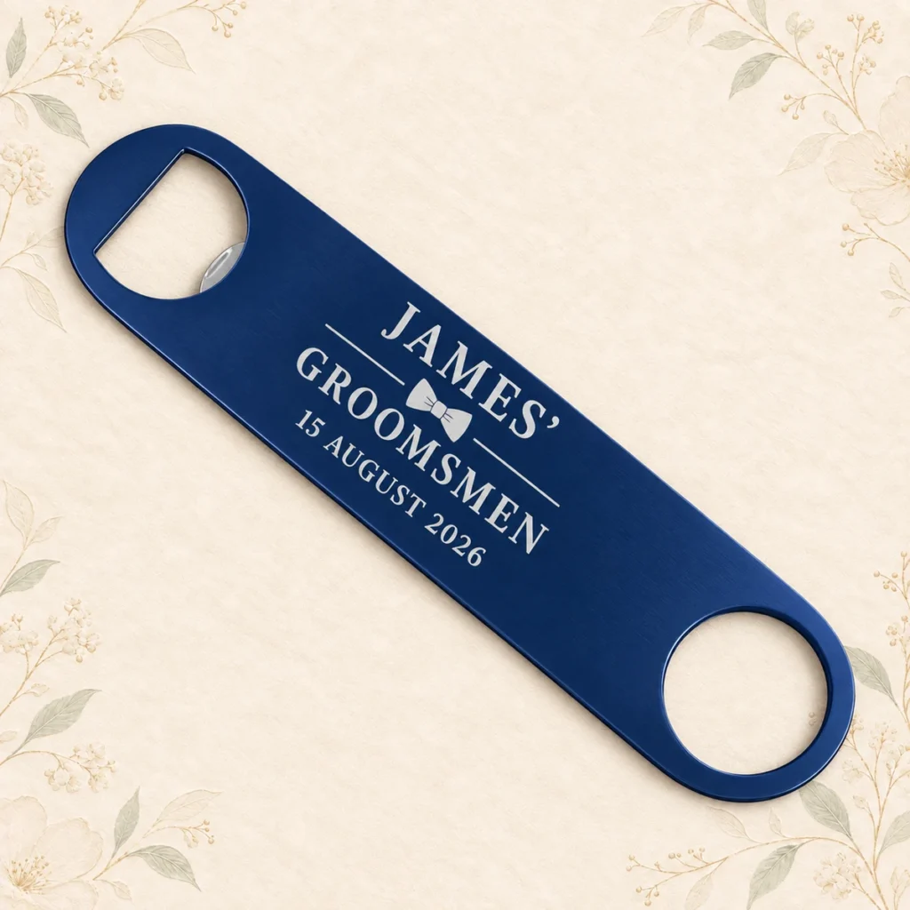 Navy groomsmen bottle opener for James dated 15 August 2026