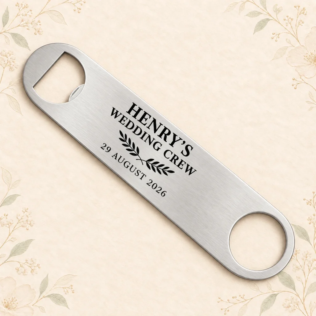 Silver wedding crew bottle opener for Henry dated 29 August 2026