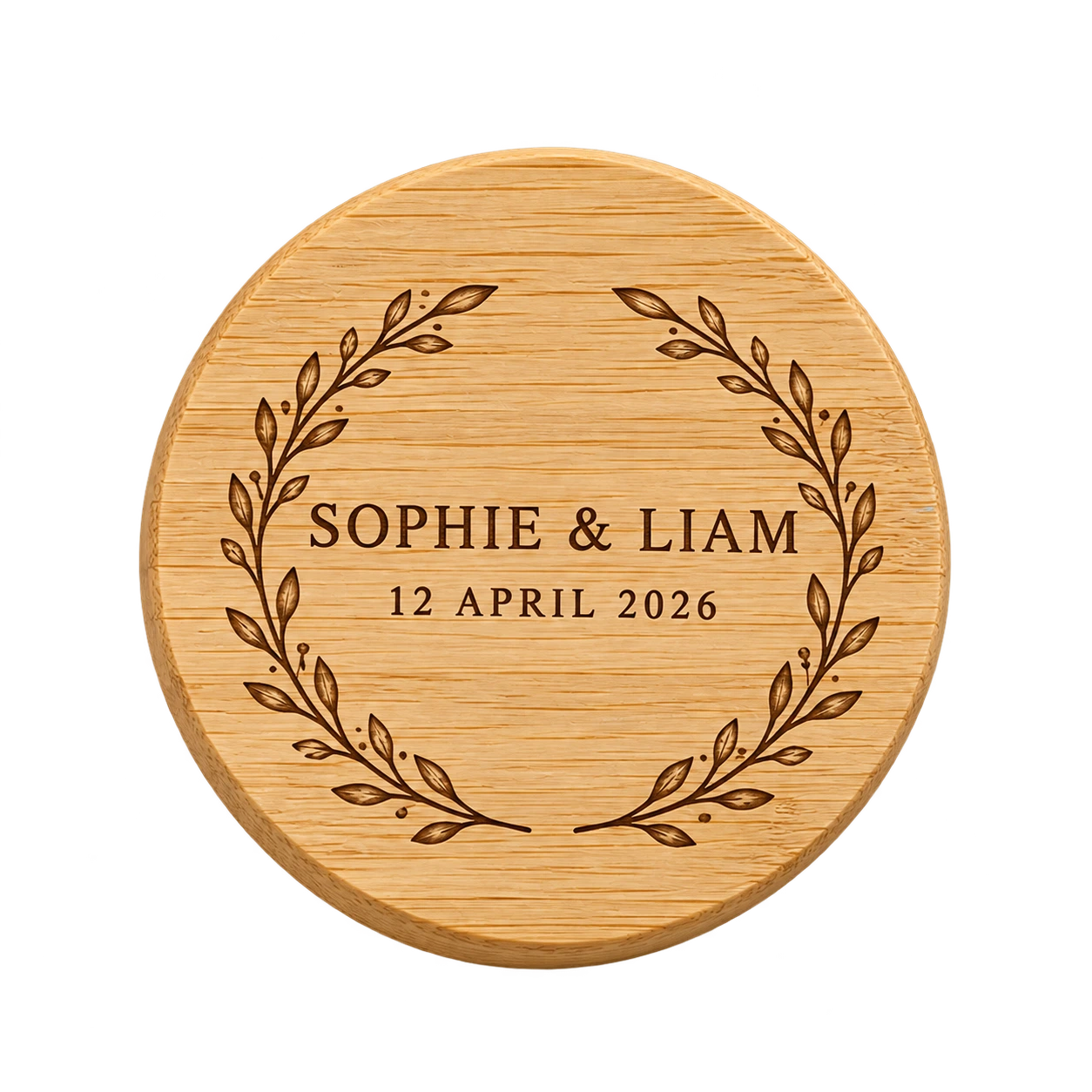 Personalized bamboo bottle opener magnet with engraved wedding details