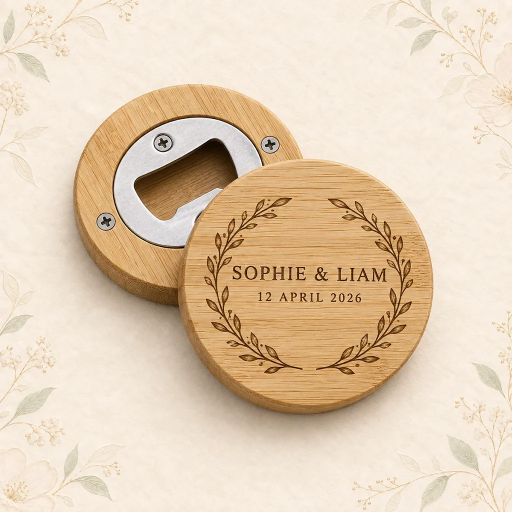Personalized bamboo bottle opener magnet for Sophie and Liam