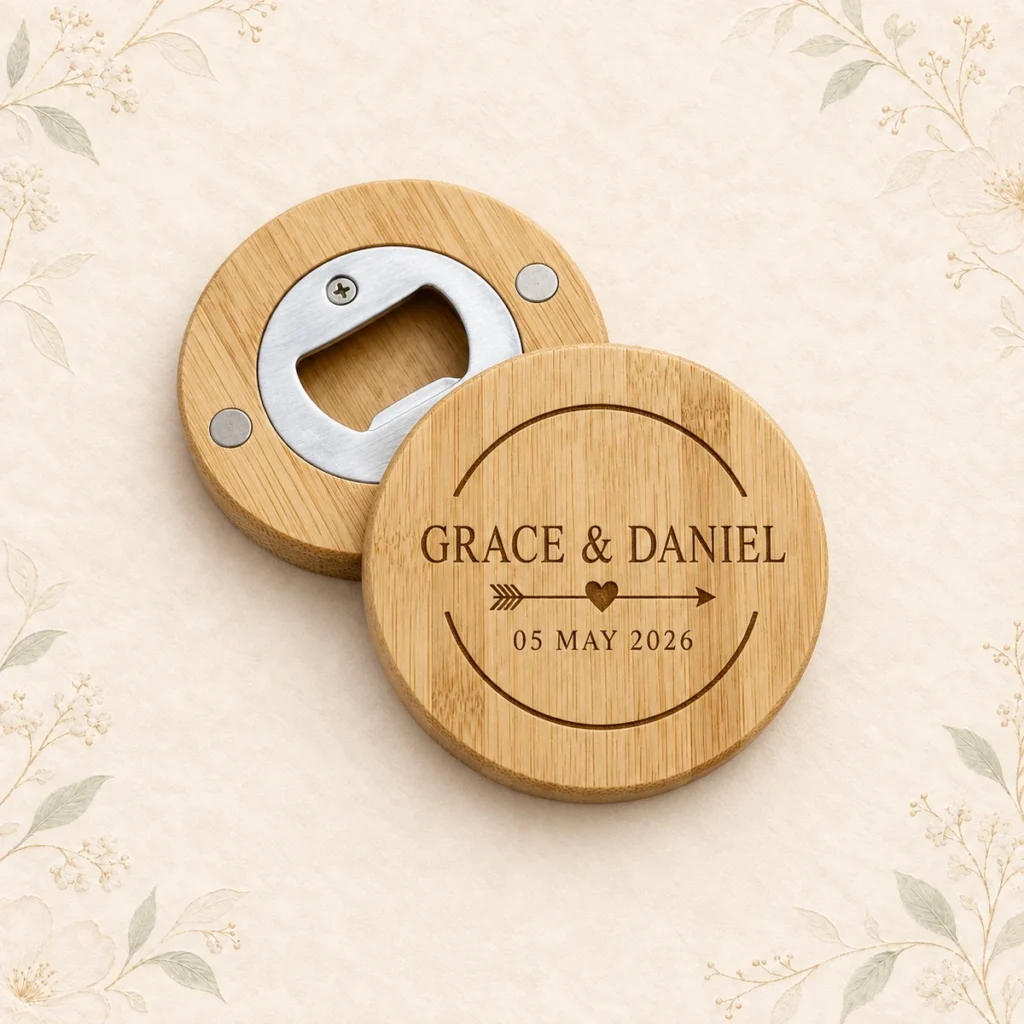 Personalized bamboo bottle opener magnet for Grace and Daniel