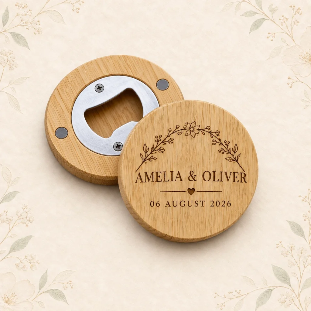 Personalized bamboo bottle opener magnet for Amelia and Oliver
