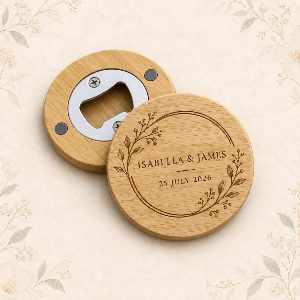 Personalized bamboo opener magnet for Isabella and James