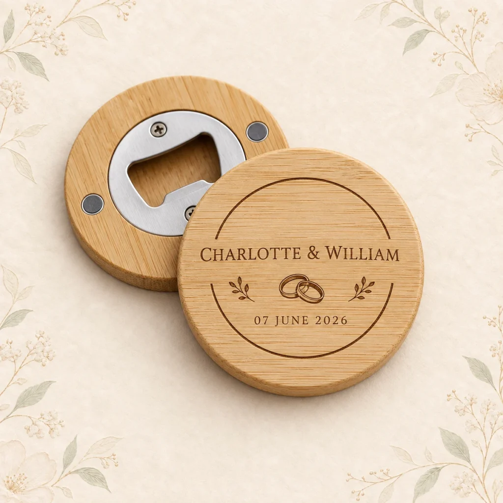 Personalized bamboo opener magnet for Charlotte and William