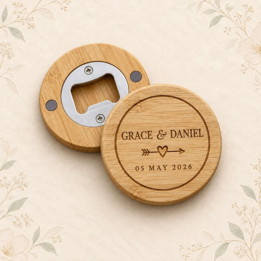 Personalized bamboo opener magnet for Grace and Daniel